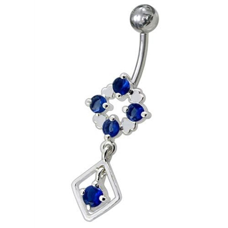 Silver Fancy Jeweled Dangling Belly Navel Ring Body Jewelry - Dark Blue