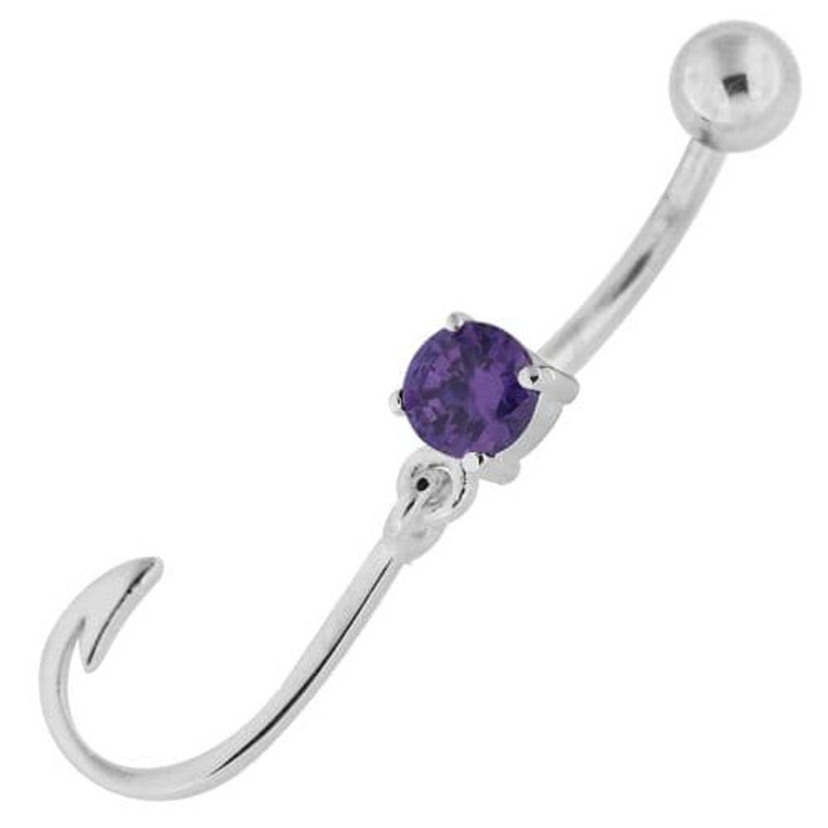 Sterling Silver Jeweled J Signed Navel Belly Button Bar - Purple
