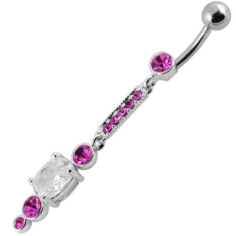 Silver Jeweled Fancy Dangling SS Bar Banana Navel Ring - Pink