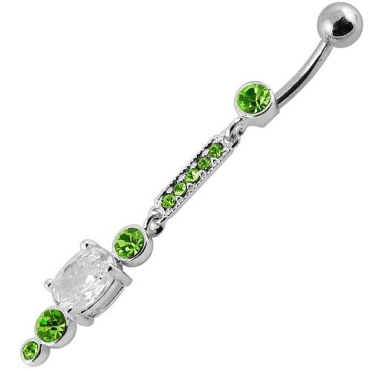 Silver Jeweled Fancy Dangling SS Bar Banana Navel Ring - Peridot