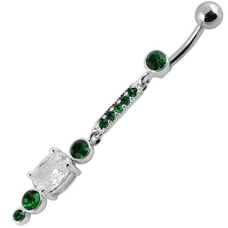Silver Jeweled Fancy Dangling SS Bar Banana Navel Ring - Emerald