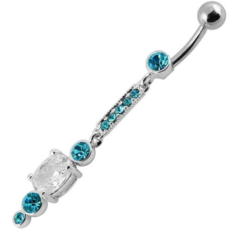 Silver Jeweled Fancy Dangling SS Bar Banana Navel Ring - Aqua