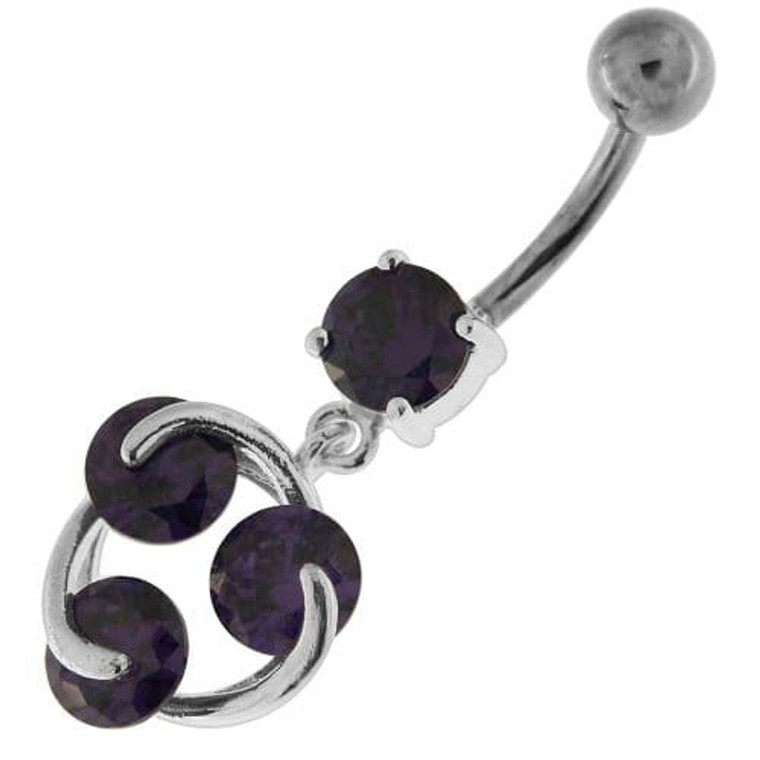 Tri Round Jeweled Swirl Sterling Silver Navel Bar - Purple