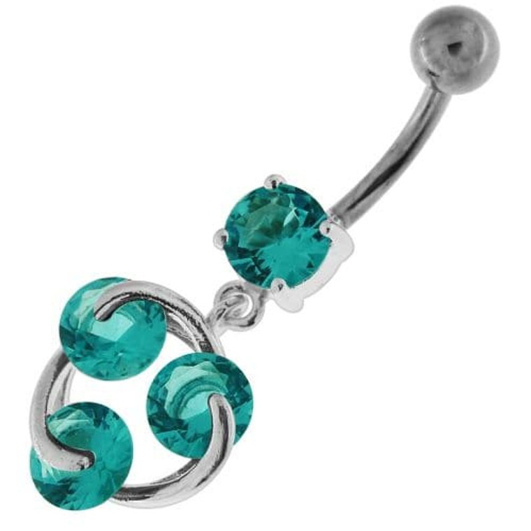 Tri Round Jeweled Swirl Sterling Silver Navel Bar - Aqua