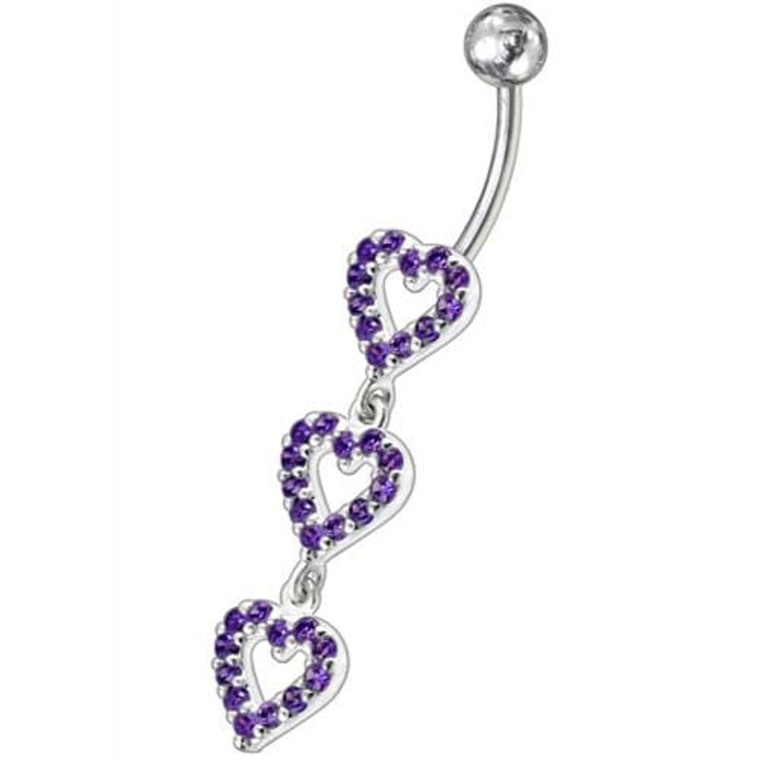 Triple Heart Dangling Fancy Multi Jeweled Curved Bar Belly Ring - Purple