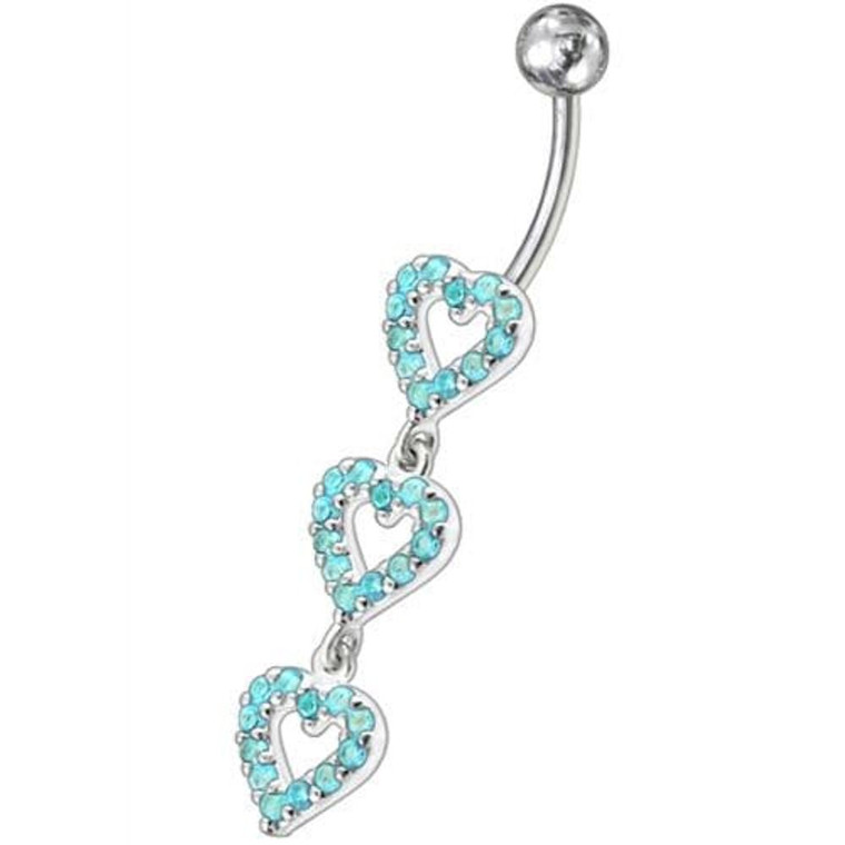 Triple Heart Dangling Fancy Multi Jeweled Curved Bar Belly Ring - Aqua