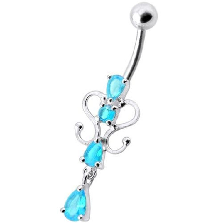 14G Fancy Dangling Green Stone Belly Ring - Aqua