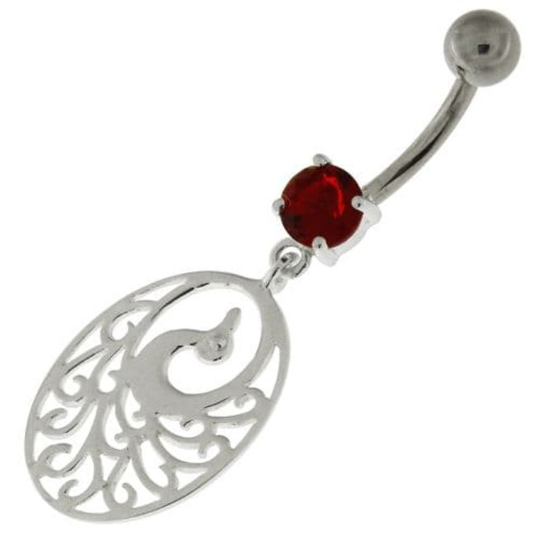 925 Sterling Silver Dancing Peacock Belly Button Ring - Red