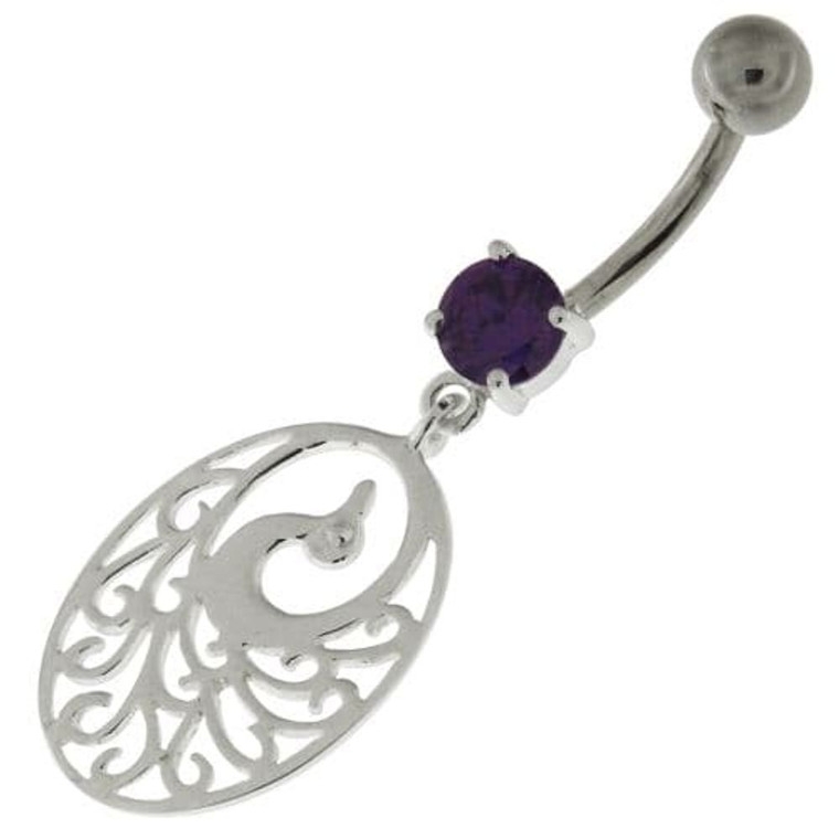 925 Sterling Silver Dancing Peacock Belly Button Ring - Purple