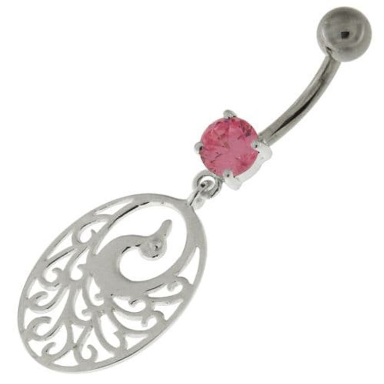 925 Sterling Silver Dancing Peacock Belly Button Ring - Pink