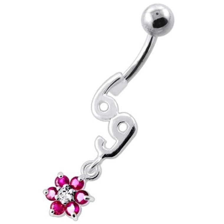69 with flower Dangling Navel Belly bar - Red