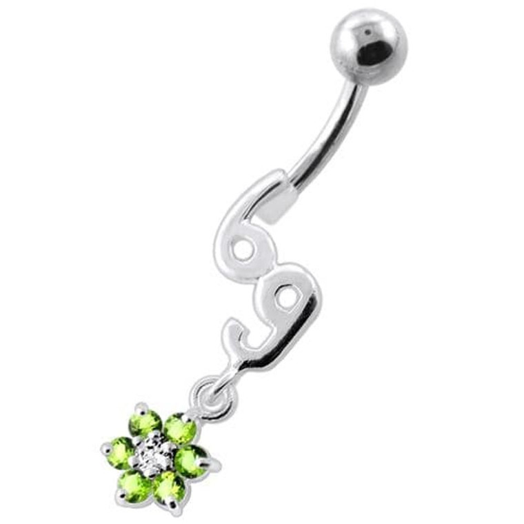 69 with flower Dangling Navel Belly bar - Peridot