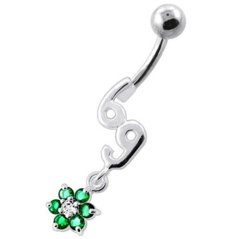 69 with flower Dangling Navel Belly bar - Emerald