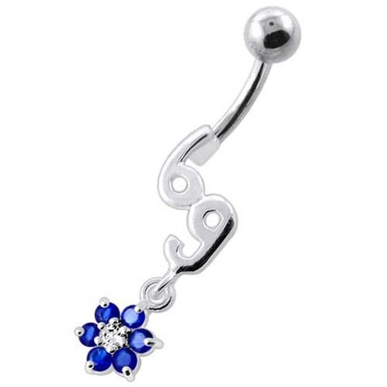 69 with flower Dangling Navel Belly bar - Dark Blue