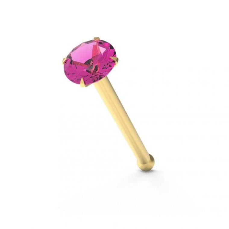 9ct Solid Yellow Gold with Colorful Crystal Stone Jeweled in Prong set Ball End Nose Stud - 1.5mm / Fuschia