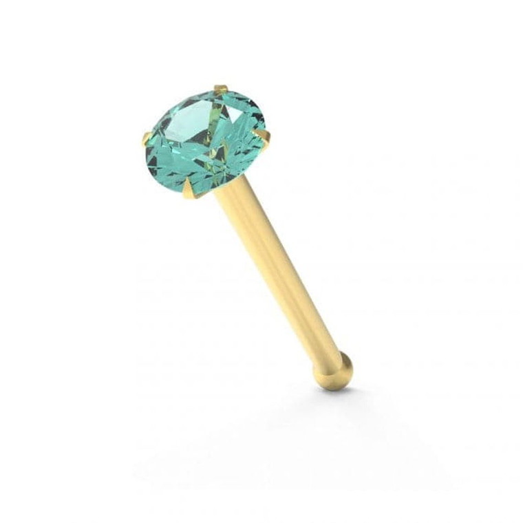 9ct Solid Yellow Gold with Colorful Crystal Stone Jeweled in Prong set Ball End Nose Stud - 2.5mm / Aqua