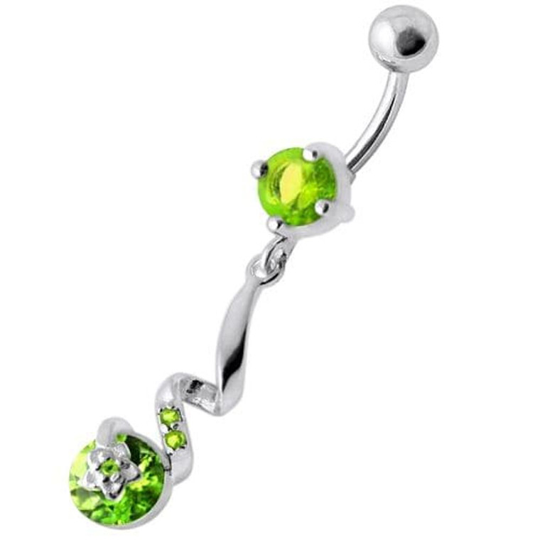 Fancy Jeweled Dangling Star SS Bar Belly Ring - Peridot