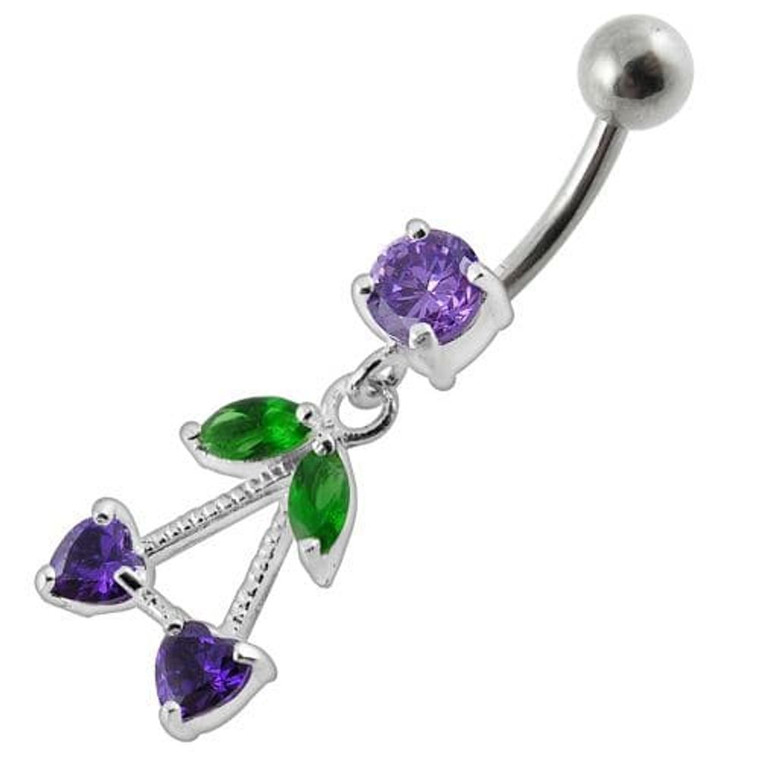 Fancy Jeweled Double Heart Stone Dangling SS Bar Belly Ring Body Jewelry - Purple