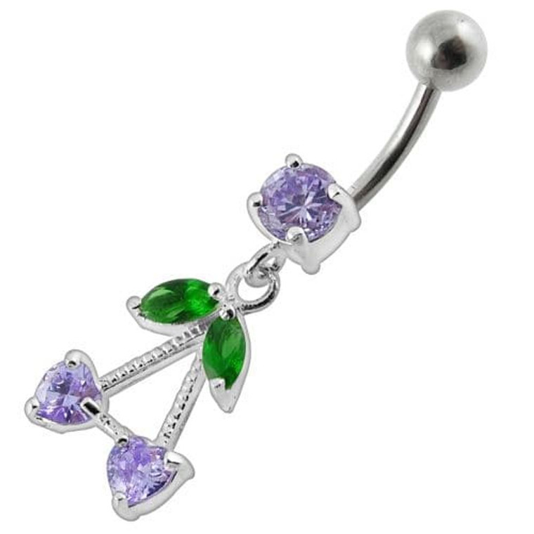 Fancy Jeweled Double Heart Stone Dangling SS Bar Belly Ring Body Jewelry - Lavender