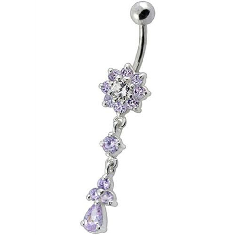 Fancy Jeweled Flower Dangling Curved Bar Belly Ring - Lavender