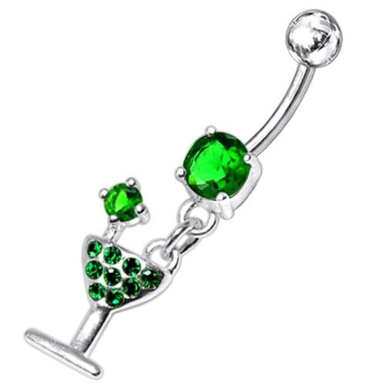 Fancy Jeweled GLASS Dangling Banana Bar Belly Ring - Emerald