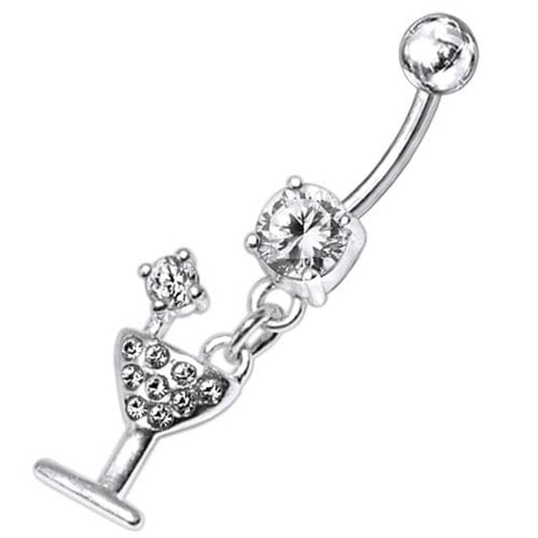 Fancy Jeweled GLASS Dangling Banana Bar Belly Ring - Clear