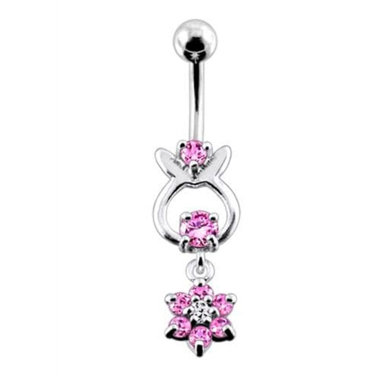 Bunny Jeweled Hanging Flower Dangling Belly Ring - Pink