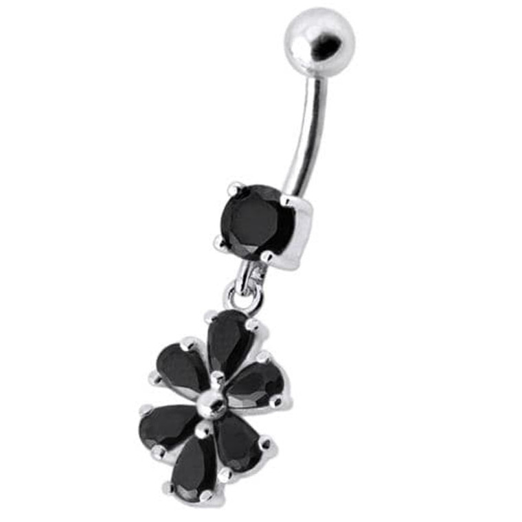 Fancy  Flower Jeweled Silver Dangling With SS Bar Navel Ring - Black