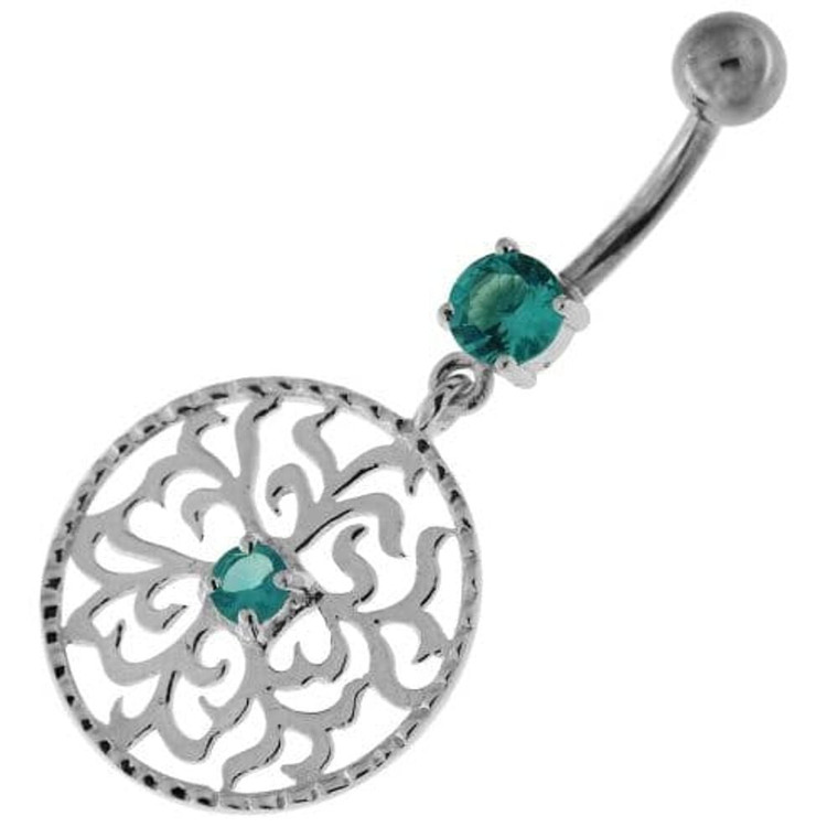 Center Jeweled Grass Leafs Cut out Sterling Silver Navel Bar - Aqua