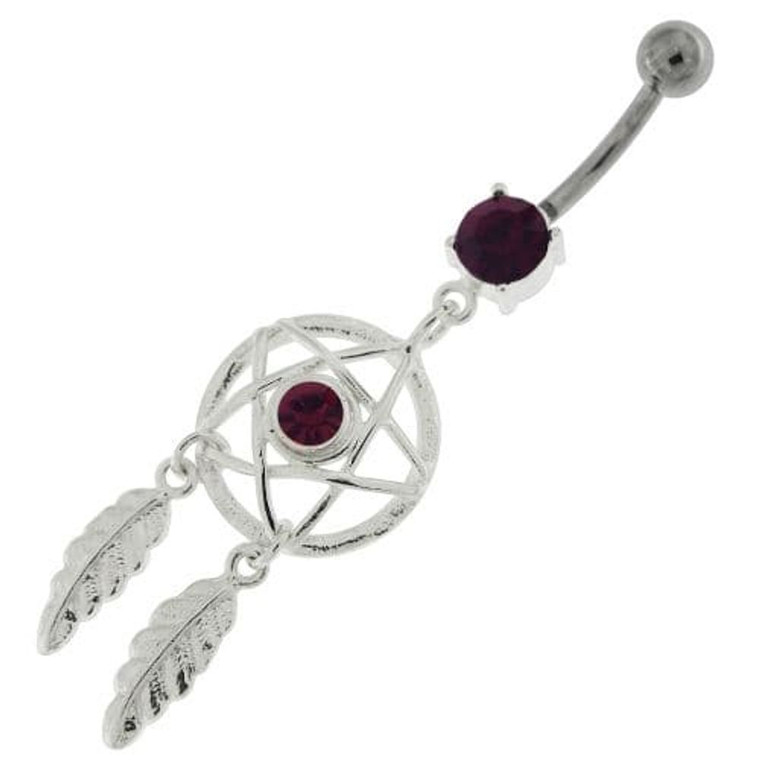 Center Jeweled Star Dream Catcher Dangling Navel Ring - Purple