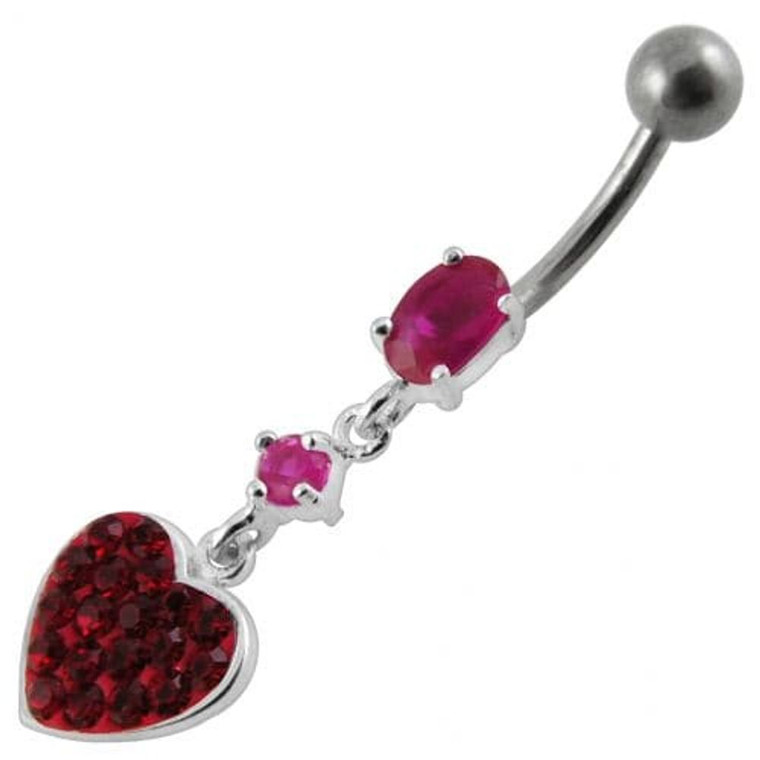 Fancy  Heart Dangling SS Bar Navel Ring - Red