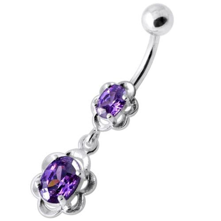 Dangling Single Jeweled Flower Navel Belly Bar - Purple