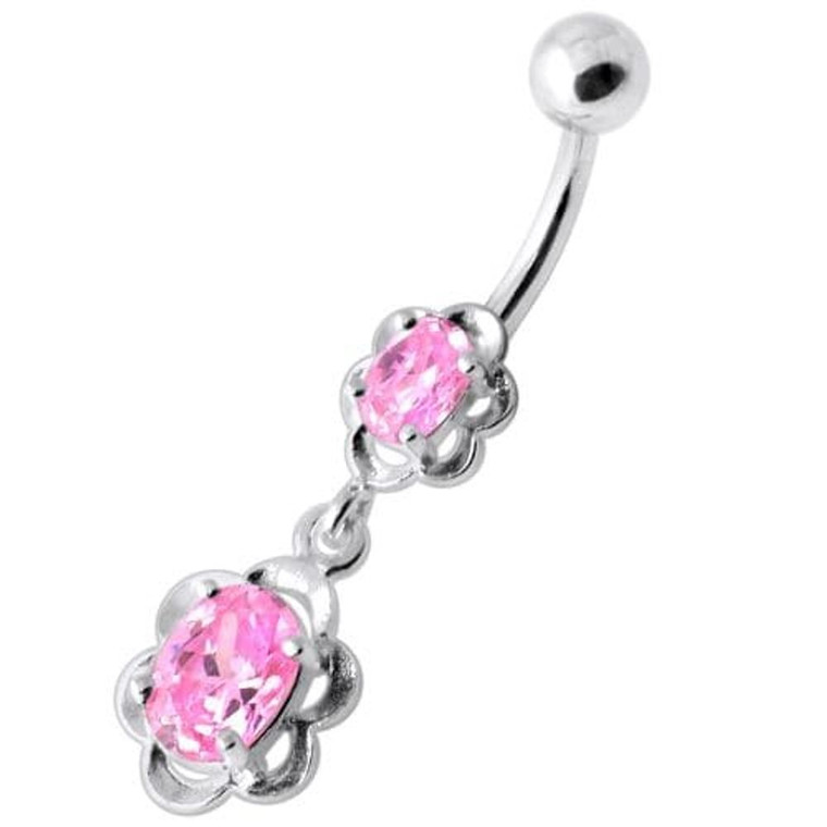 Dangling Single Jeweled Flower Navel Belly Bar - Pink