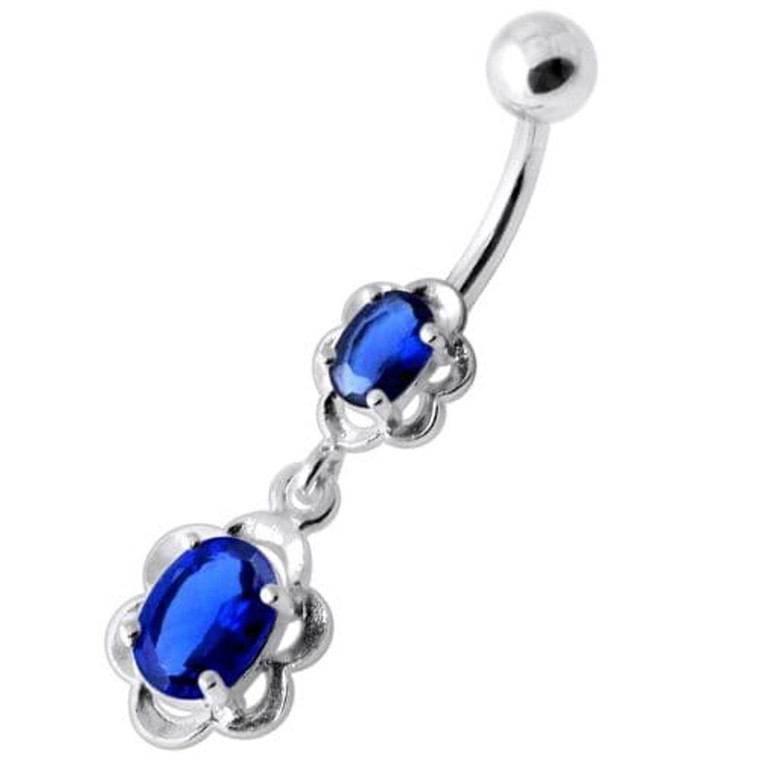 Dangling Single Jeweled Flower Navel Belly Bar - Dark Blue