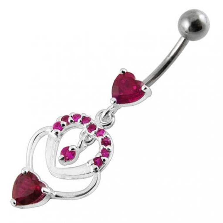 Fancy  Multi Heart Dangling Curved Belly Body Jewelry Ring - Red
