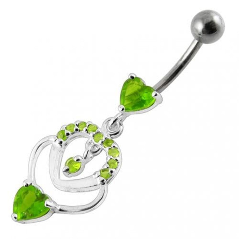 Fancy  Multi Heart Dangling Curved Belly Body Jewelry Ring - Peridot