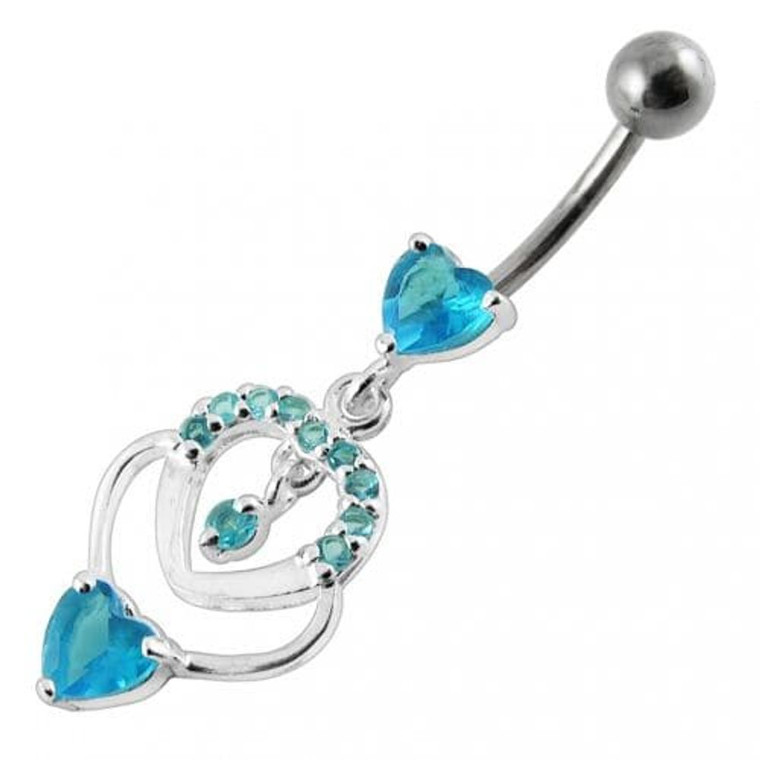 Fancy  Multi Heart Dangling Curved Belly Body Jewelry Ring - Aqua