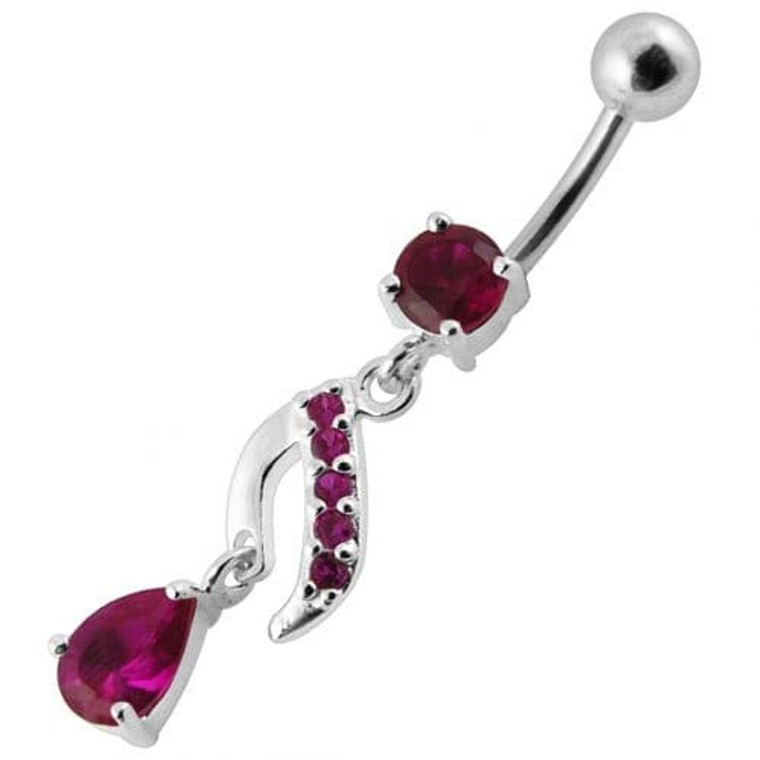 Fancy Jeweled Silver Dangling Curved Belly Ring - Red