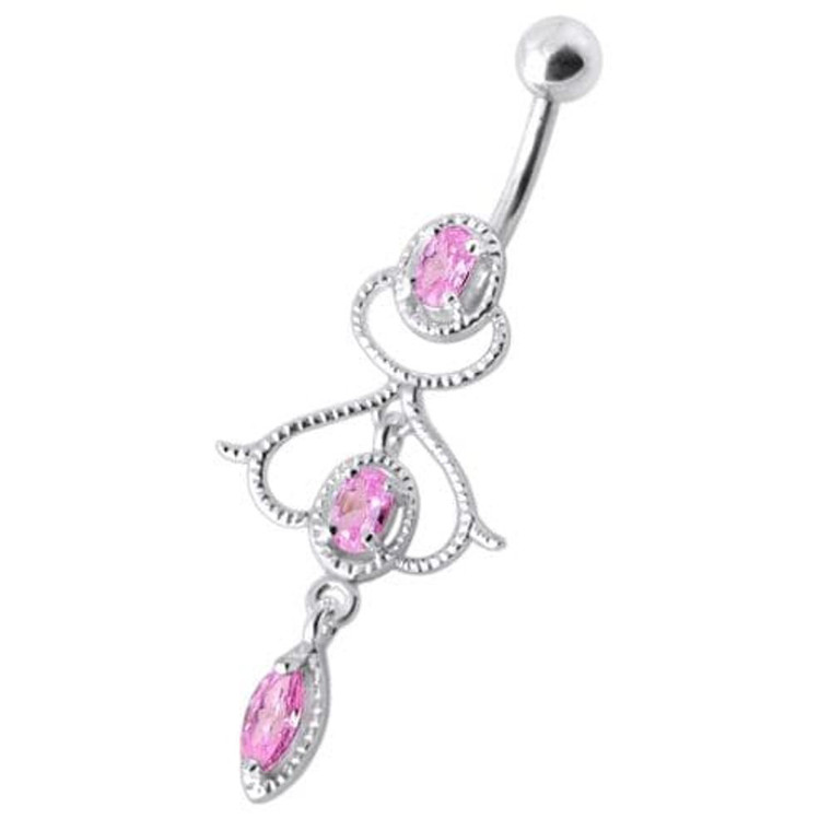 Fancy Jeweled Silver Dangling With Banana Bar Navel Ring - Pink
