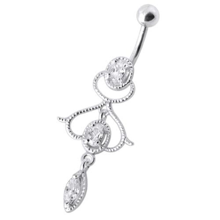 Fancy Jeweled Silver Dangling With Banana Bar Navel Ring - Clear