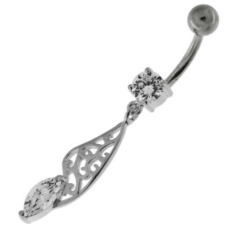 Fancy Jeweled Sterling Silver Navel Belly Bar - Clear
