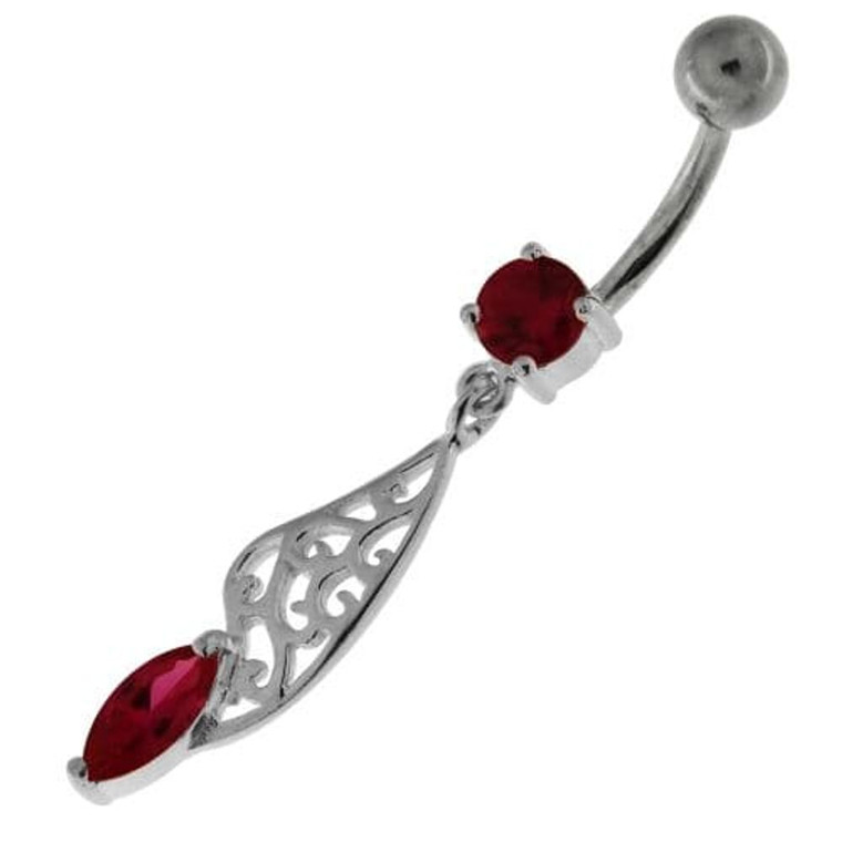 Fancy Jeweled Sterling Silver Navel Belly Bar - Red