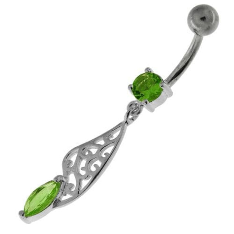 Fancy Jeweled Sterling Silver Navel Belly Bar - Peridot