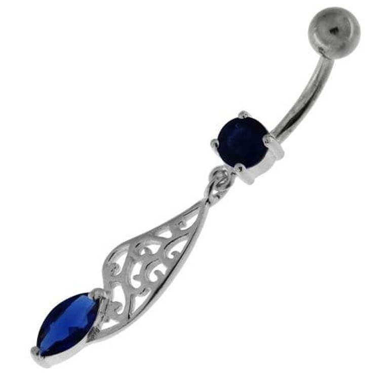Fancy Jeweled Sterling Silver Navel Belly Bar - Dark Blue