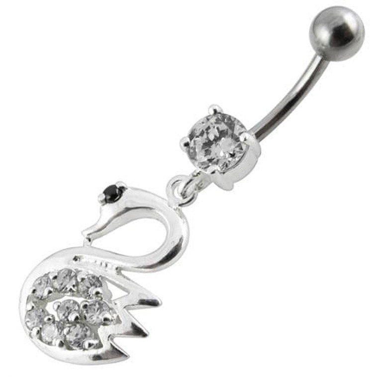 Fancy Jeweled Swan Silver Dangling Banana Bar Navel Body Ring - Clear