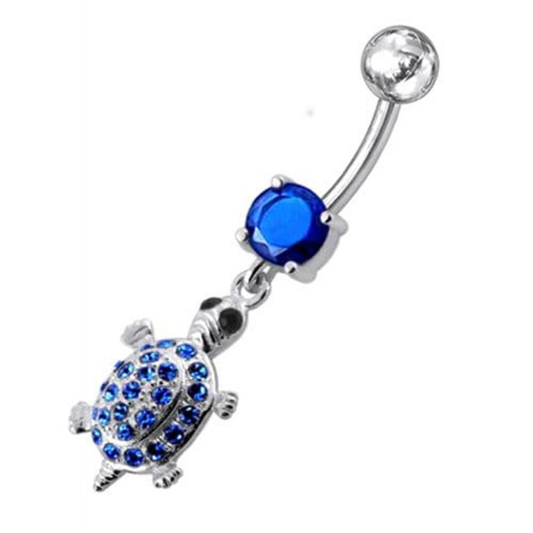Fancy Jeweled Turtle Dangling Belly Ring - Dark Blue