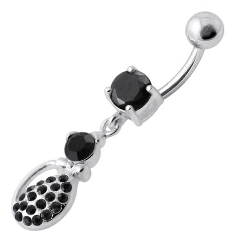 Fancy Blue Stone Tear Drop Jeweled Dangling Navel Ring - Black