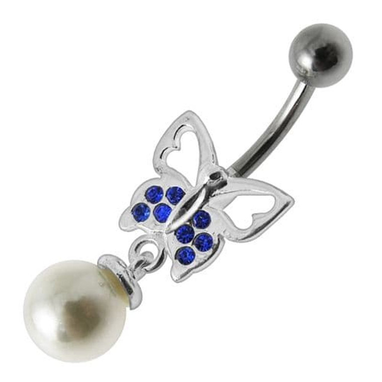 Fancy Butterfly Jeweled Pearl Dangling Curved Belly Ring Body Jewelry - Dark Blue