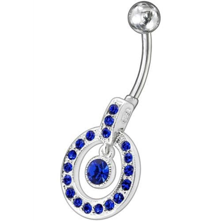 Fancy Multi Colored Round Shape Jeweled Dangling Banana Bar Belly Ring - Dark Blue