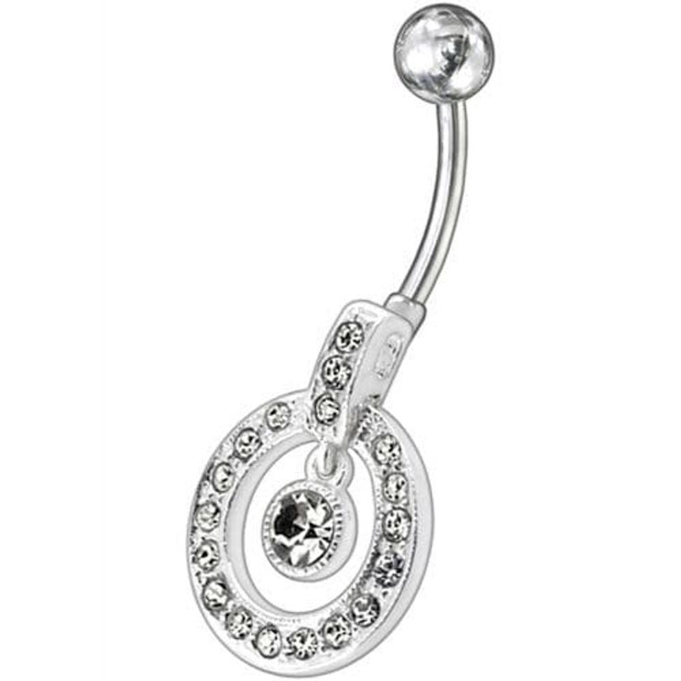 Fancy Multi Colored Round Shape Jeweled Dangling Banana Bar Belly Ring - Clear